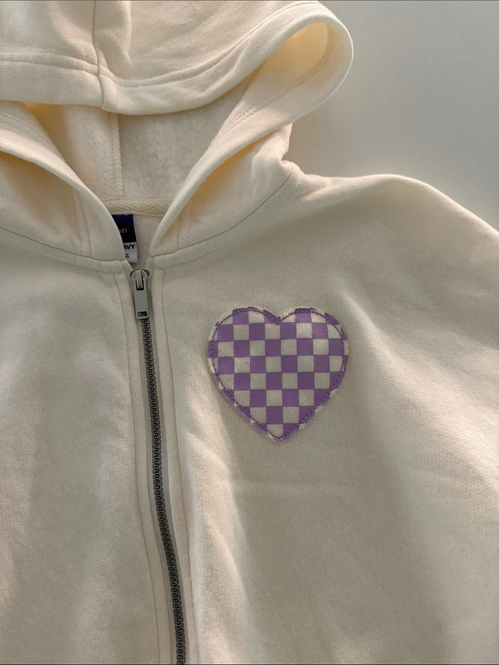 Old Navy Cream Zip Hoodie with Lavender Checkered Heart